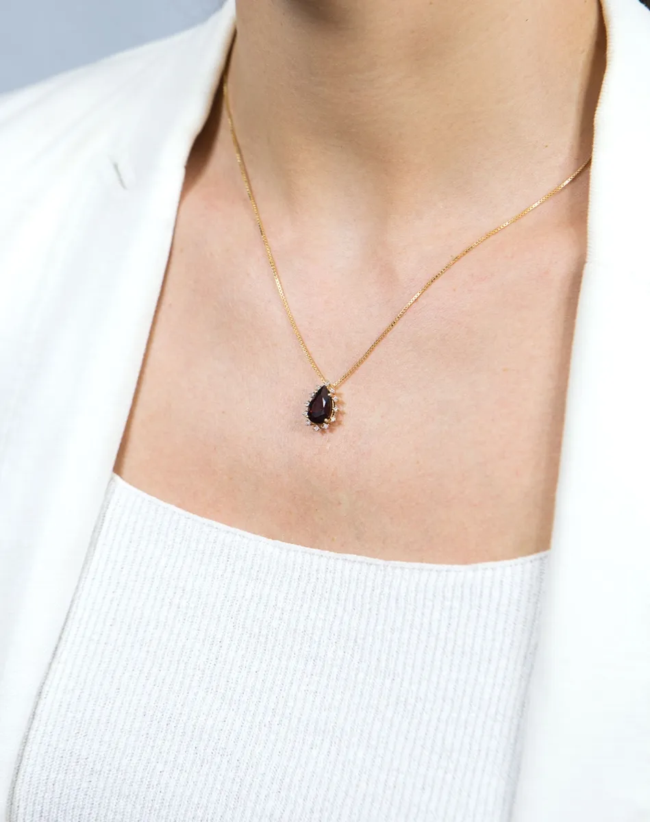 Colar de Ouro 18k gargantilha com gota oval de Granada e Diamantes 45cm