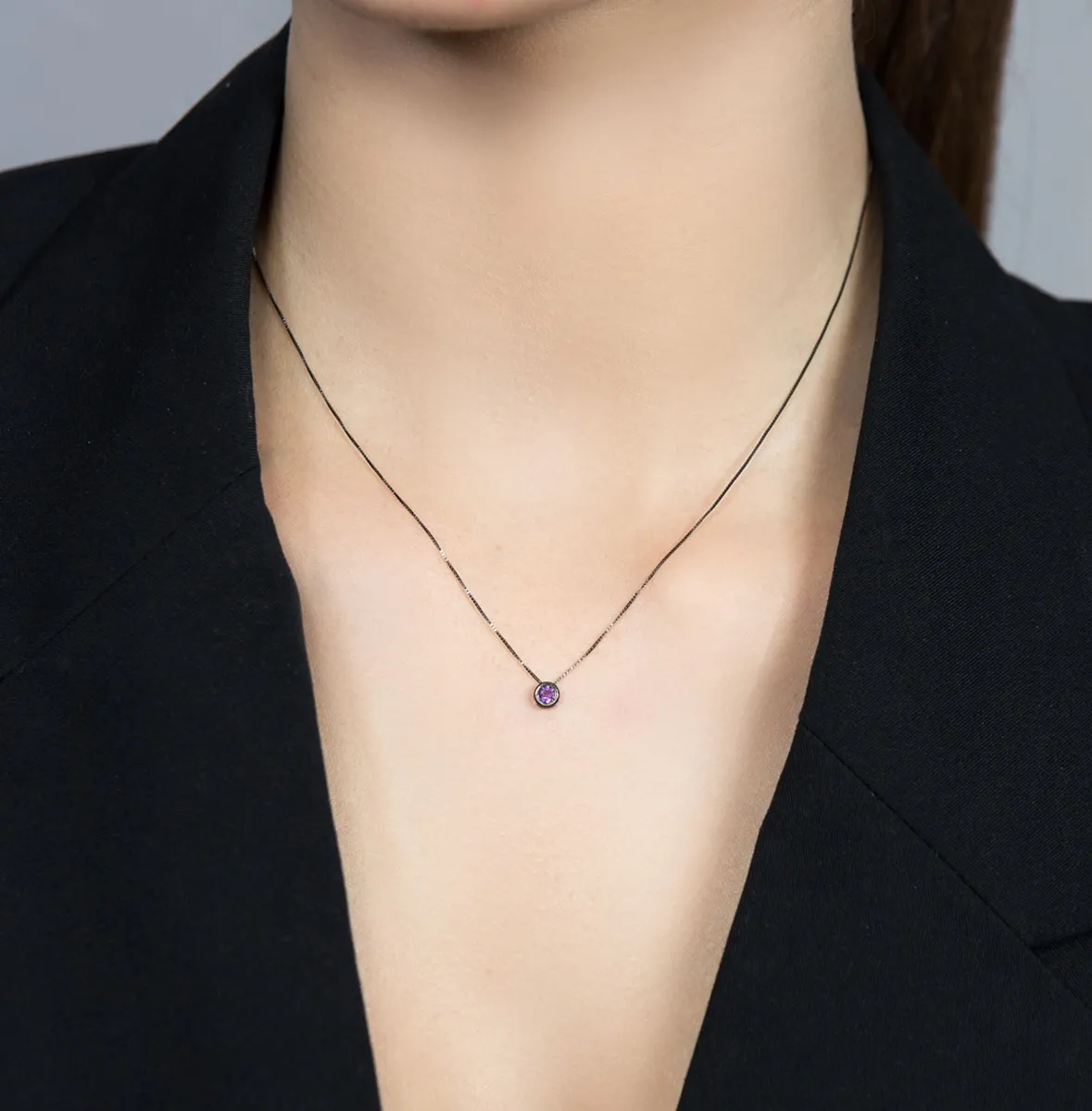 Colar de Ouro branco 18k negro com pingente de ametista 45cm