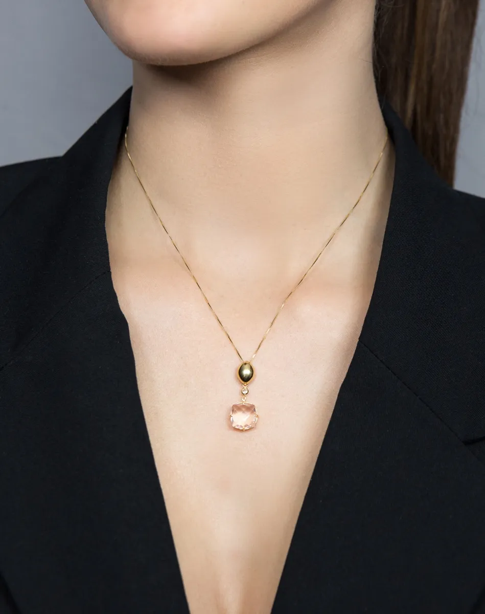 Colar de Ouro 18k com pingente de quartzo rosa e topázio branco 45cm
