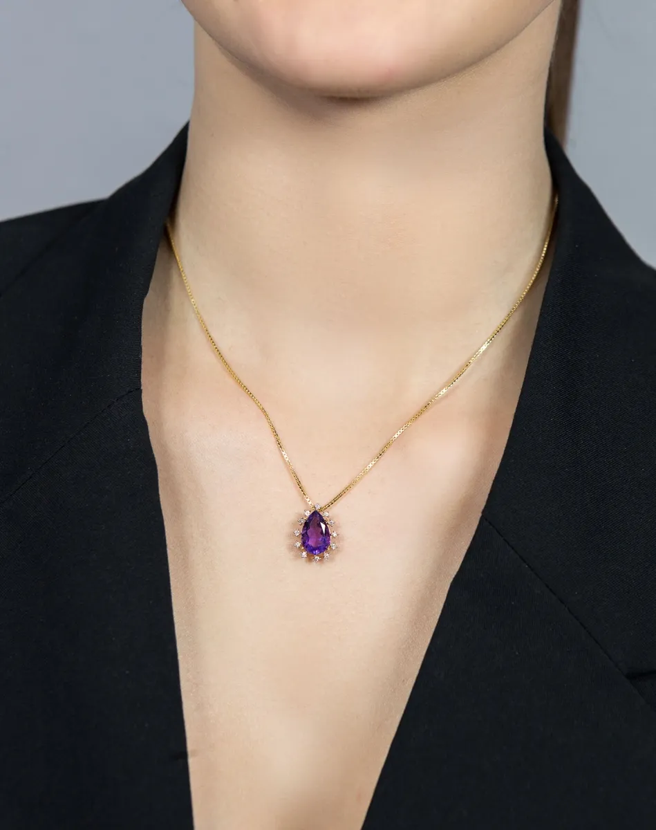 Colar de Ouro 18k com pingente de ametista e 10,8pts de diamantes 45cm