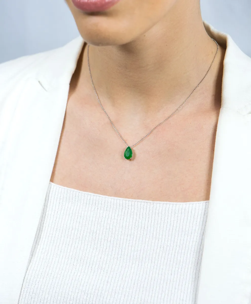 Colar de Ouro branco 18k gargantilha com pingente gota de Jade verde 45cm