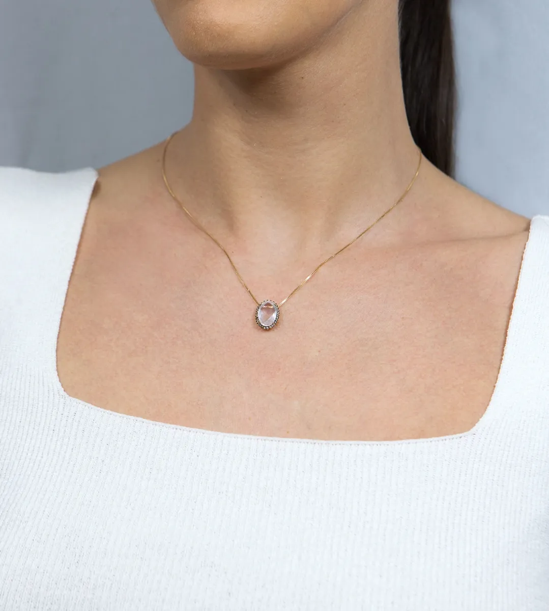 Colar de Ouro 18k gargantilha com pingente de quartzo rosa e 15pts de diamantes brown