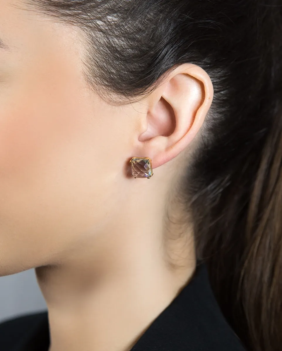 Brinco de Ouro 18k quadrado de gema topázio azul