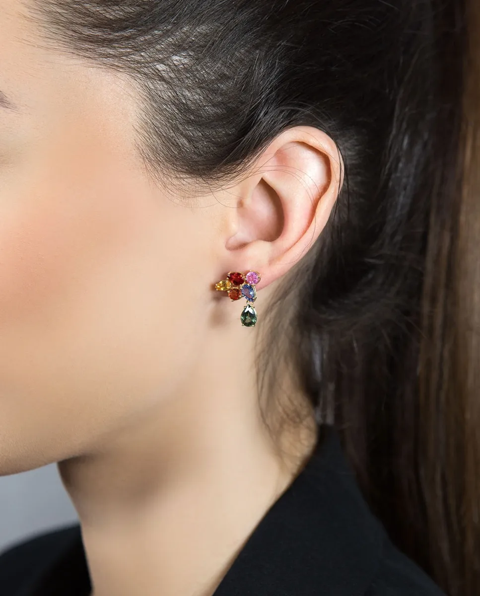 Brinco de Ouro 18k gotas de safiras coloridas