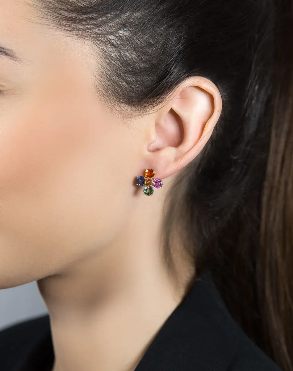 Brinco de Ouro 18k com safiras redondas coloridas