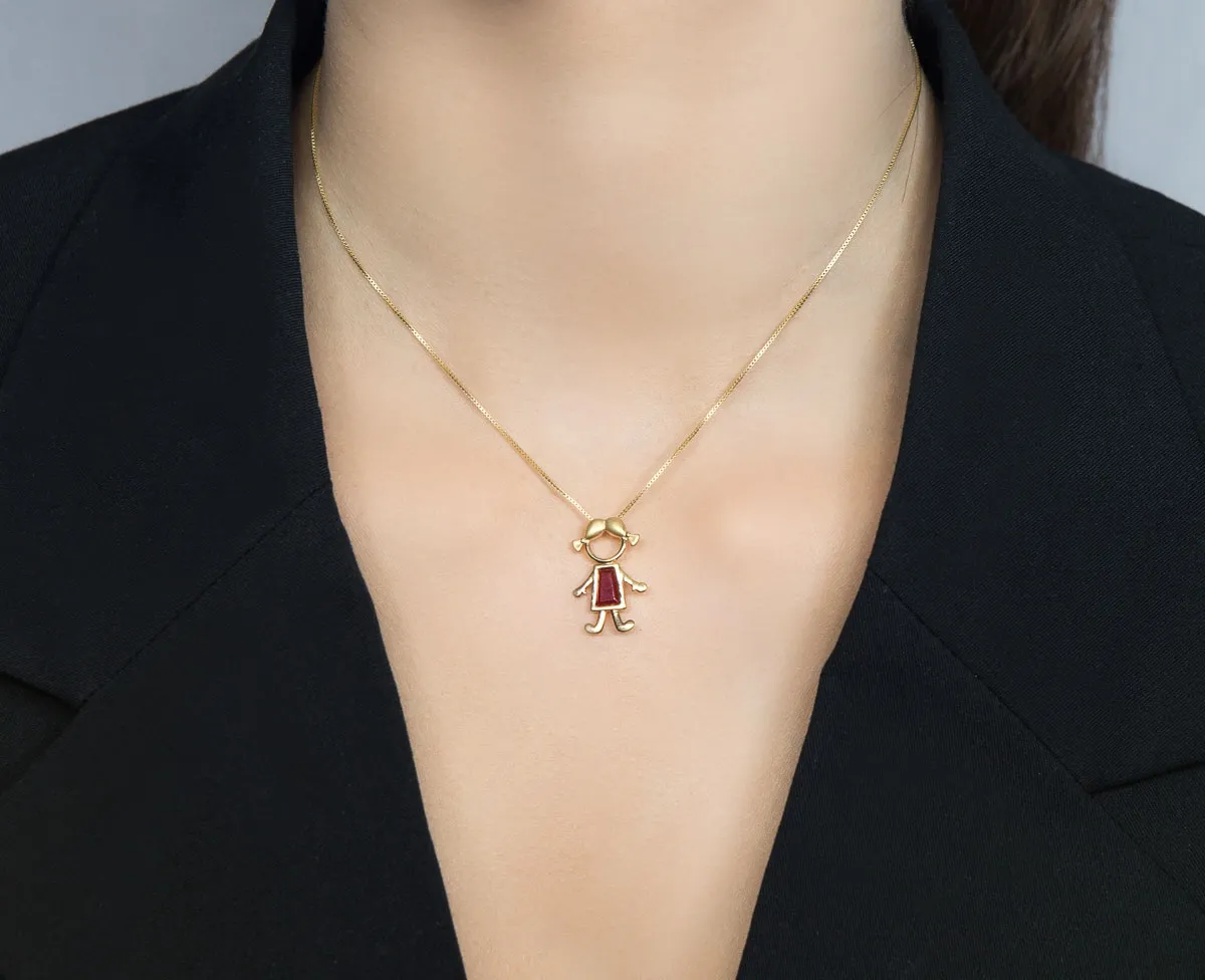 Pingente de Ouro 18k menina com gema jade vermelha