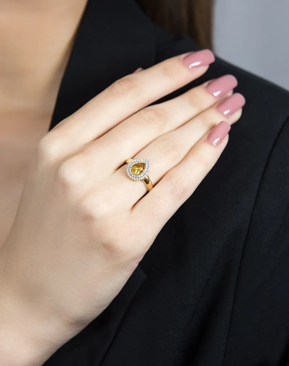 Anel de Ouro 18k gota da gema citrino com 25pts de diamantes