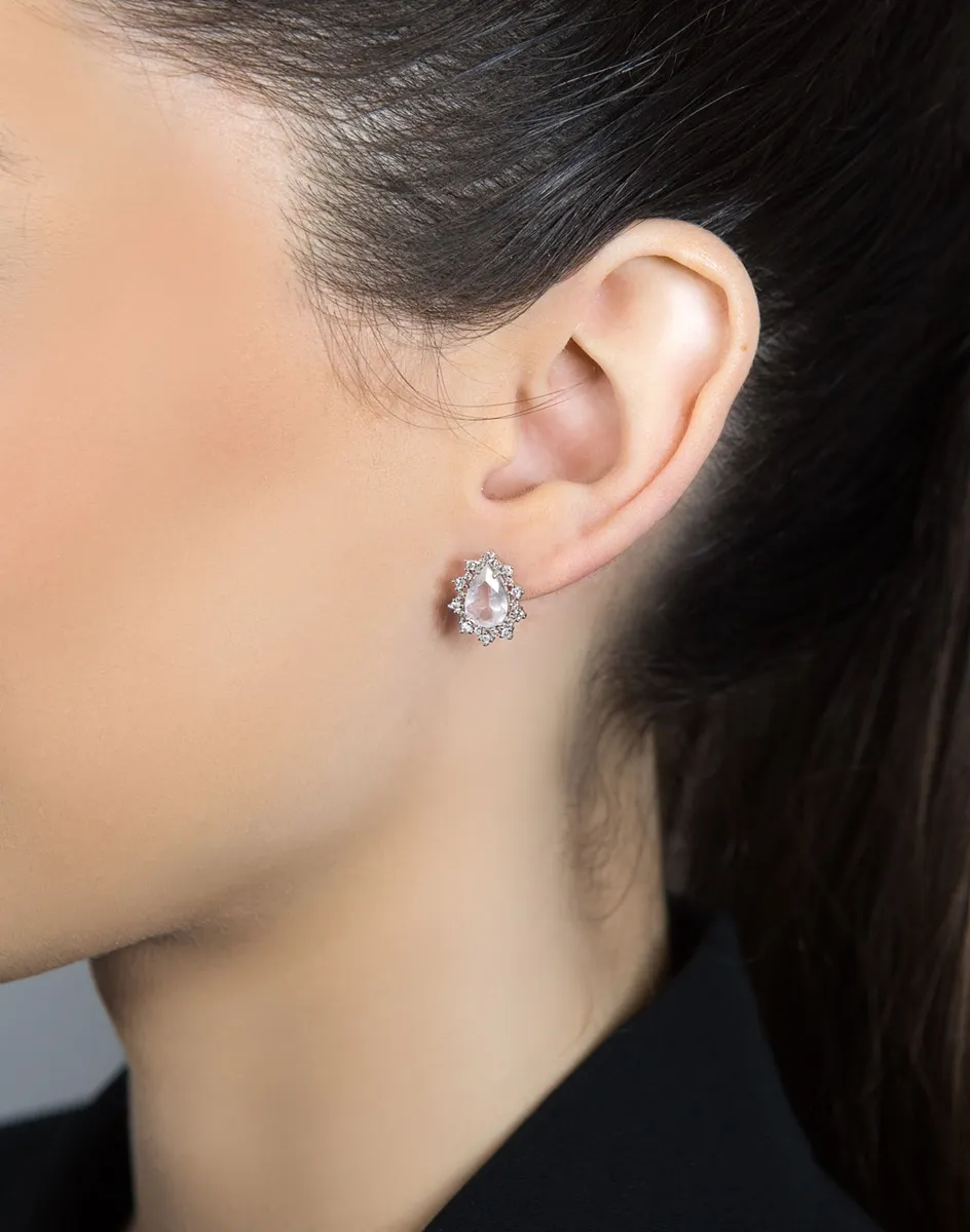 Brinco de Ouro branco 18k gota de quartzo rosa com 26pts de diamantes