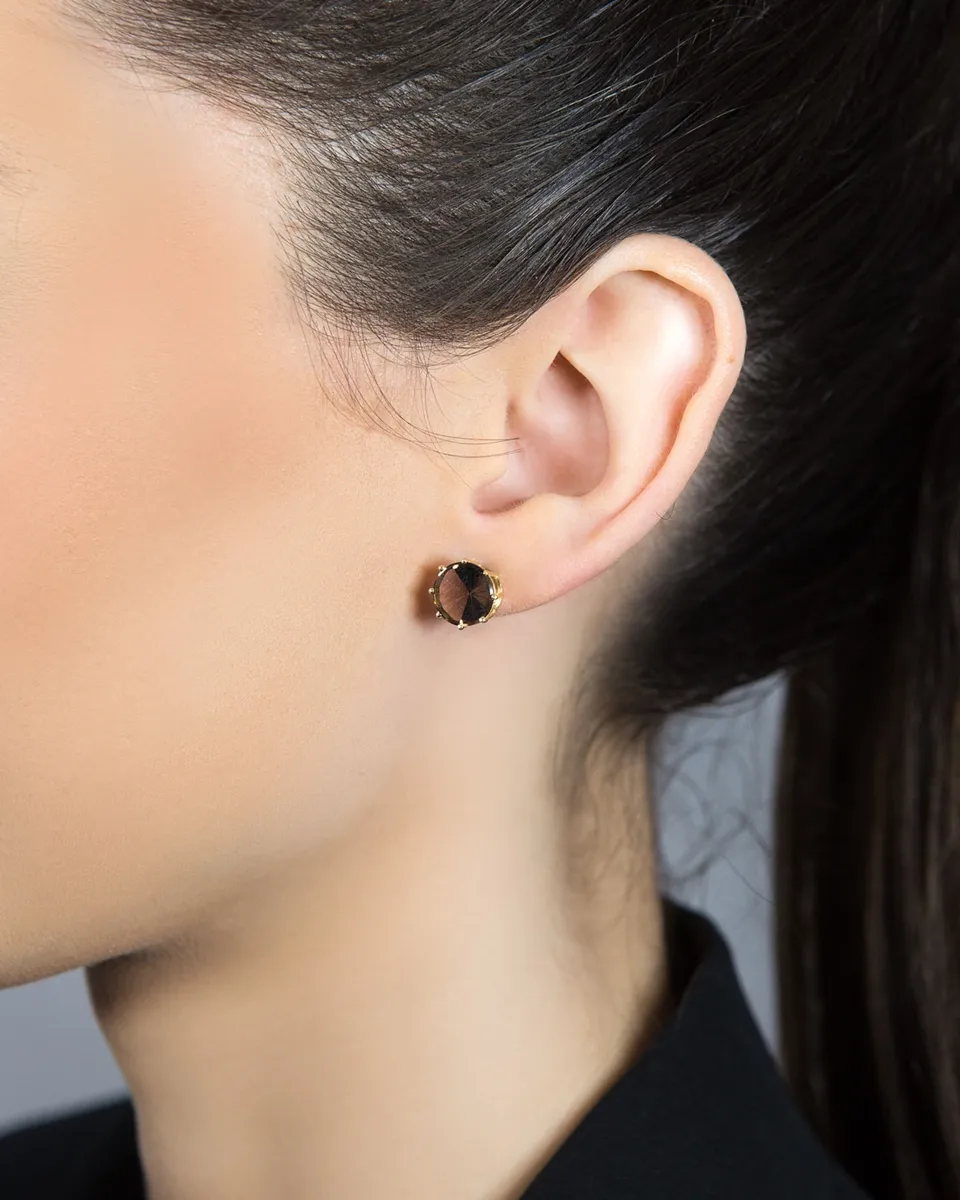 Brinco de Ouro 18k redondo com gema de quartzo fumê