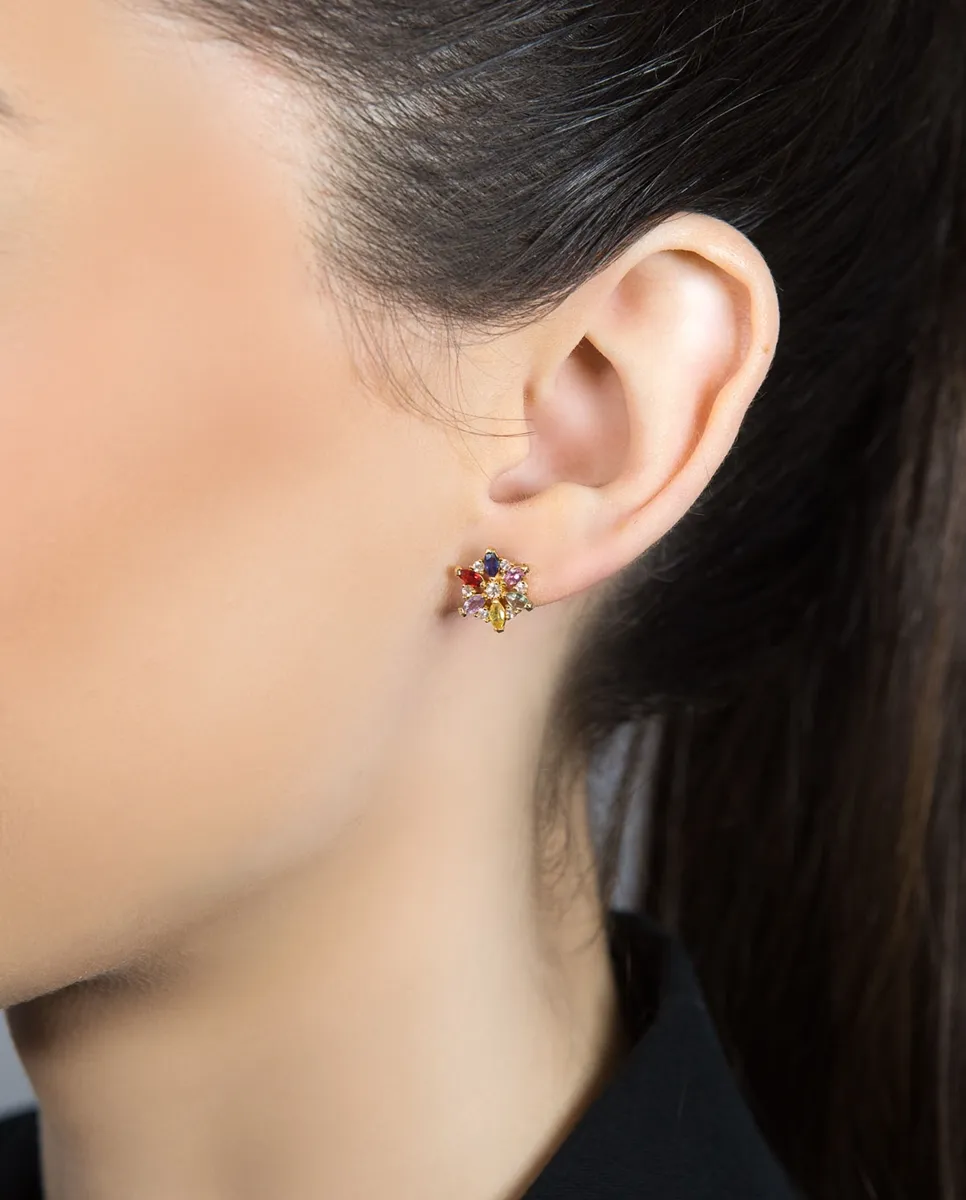 Brinco de Ouro 18k flor com mix de safiras coloridas