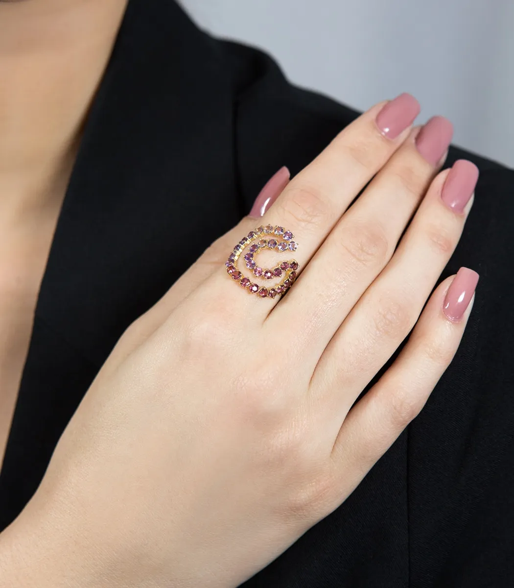 Anel de Ouro 18k geométrico vazado com gemas brasileiras