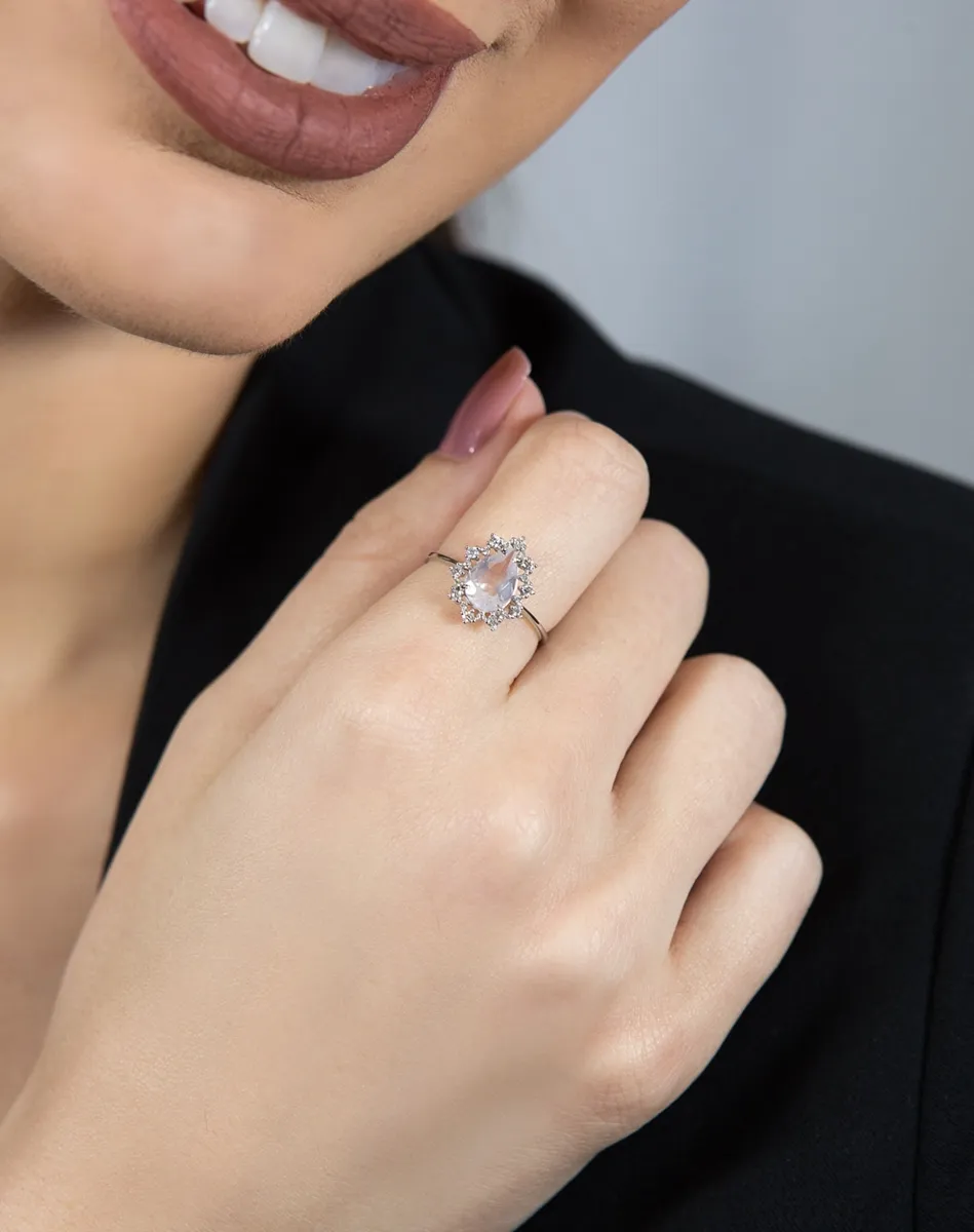 Anel de Ouro branco 18k gota de quartzo rosa e 13pts de diamantes