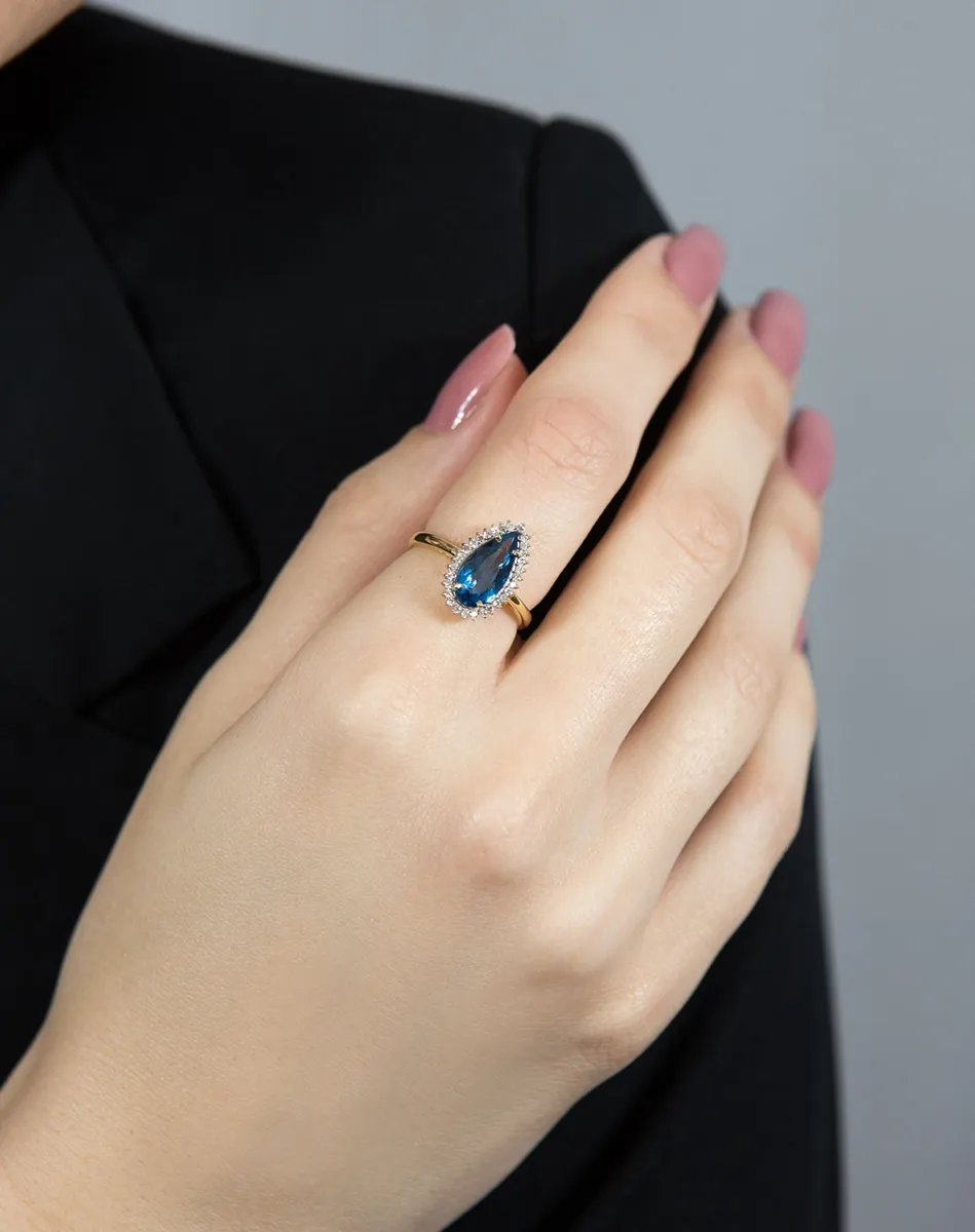 Anel de Ouro 18k gota de topázio london e 15pts de diamantes