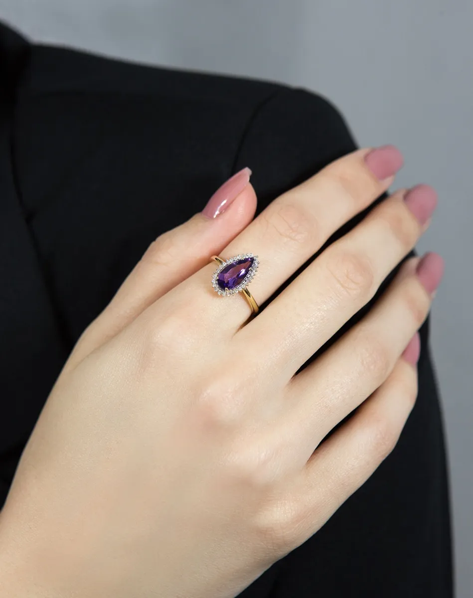 Anel de Ouro 18k gota de ametista com 15pts de diamantes