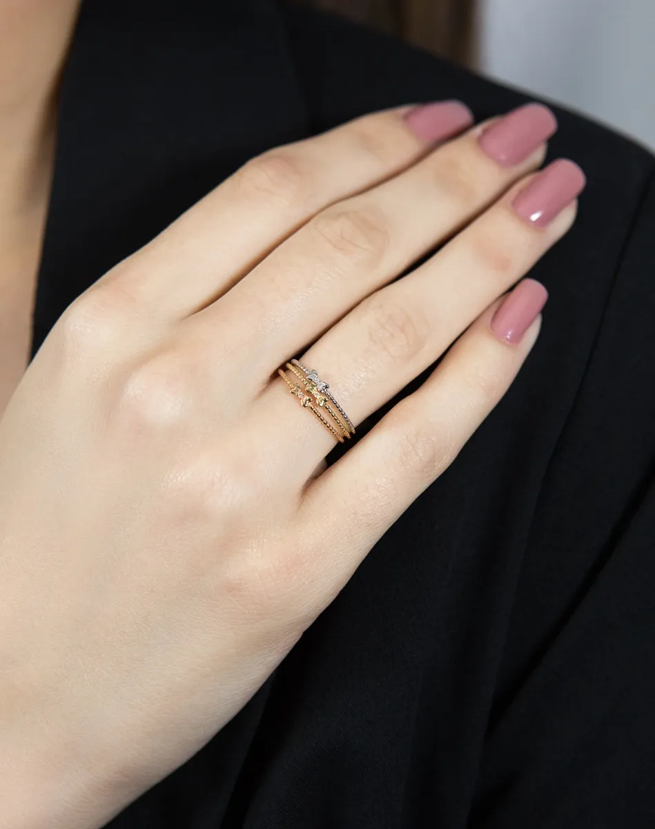 Anel de Ouro 18k três cores aros com bolinhas, laço e 09pts de diamantes