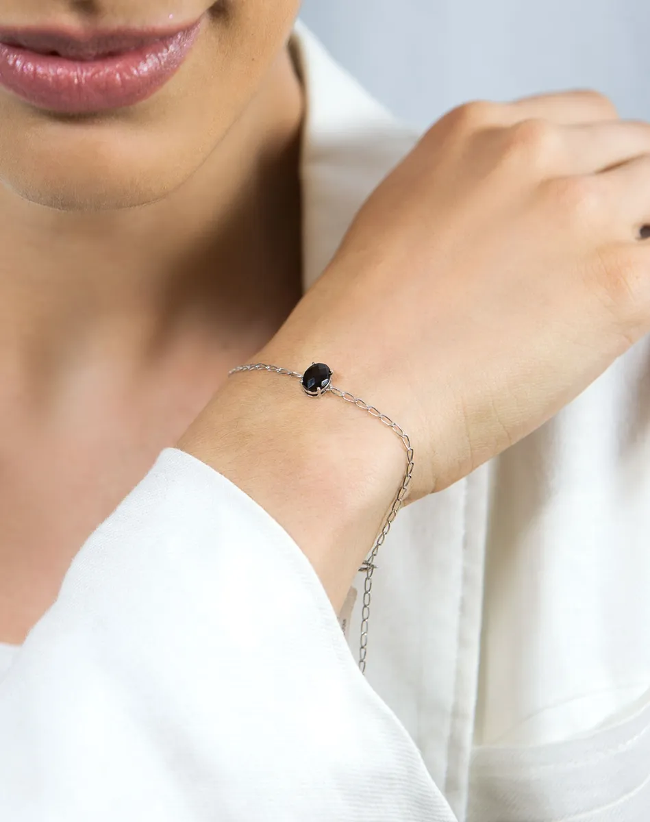 Pulseira de Ouro branco 18k elos com gota oval de onix-20cm