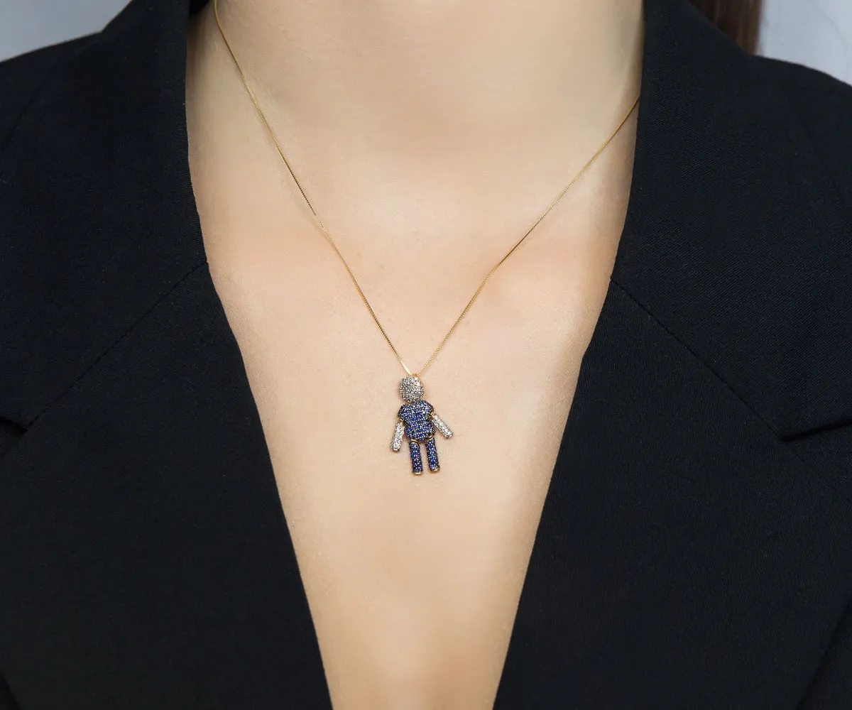 Pingente filhos ouro 18k menino articulado com Safira azul e Diamantes