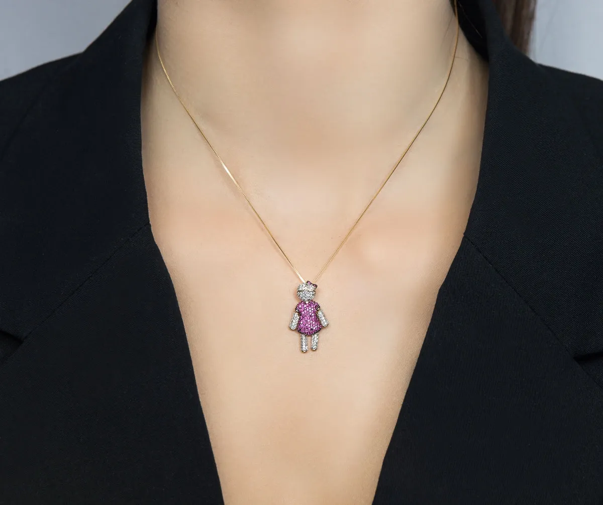 Pingente de Ouro 18k menina com 27,3pts de diamantes e gemas de rubi