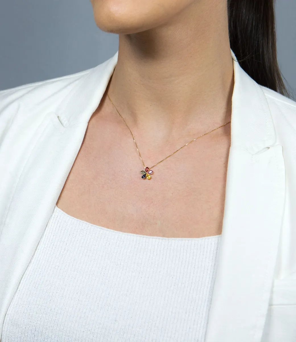 Colar de Ouro 18k gargantilha com flor de safiras coloridas 50cm