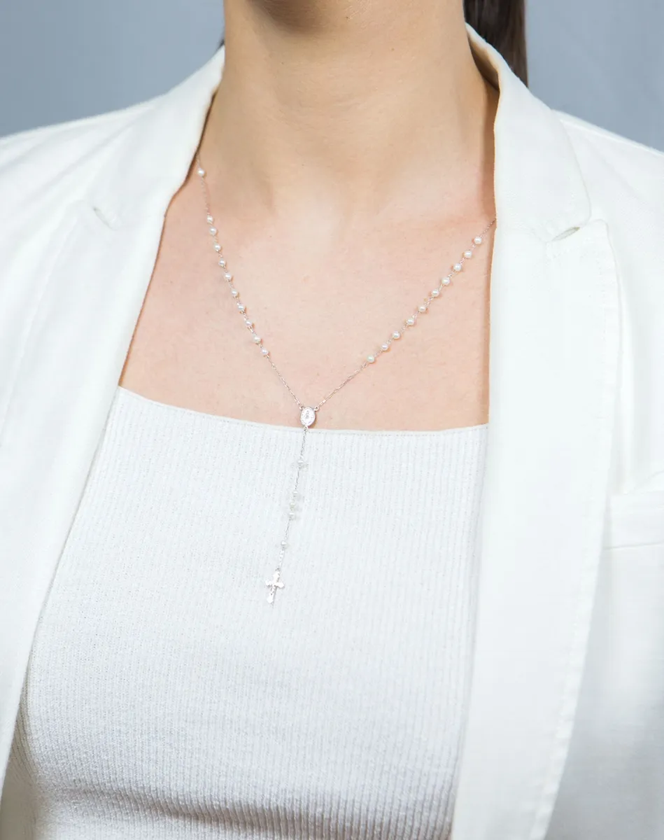 Colar de Ouro branco 18k terço religioso com pérolas-60cm