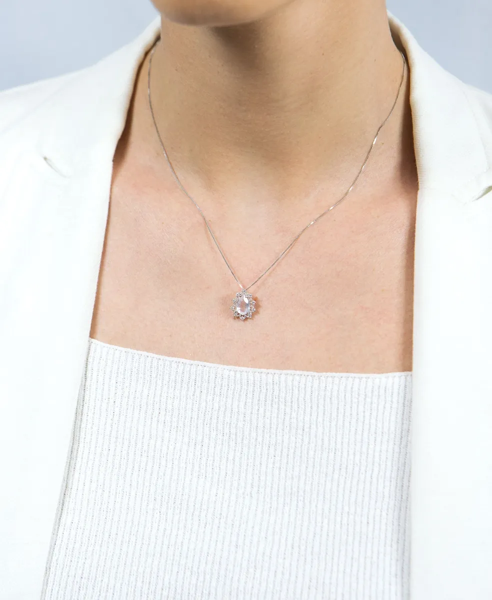 Colar de Ouro branco 18k gargantilha gota de quartzo rosa e 13pts de diamantes