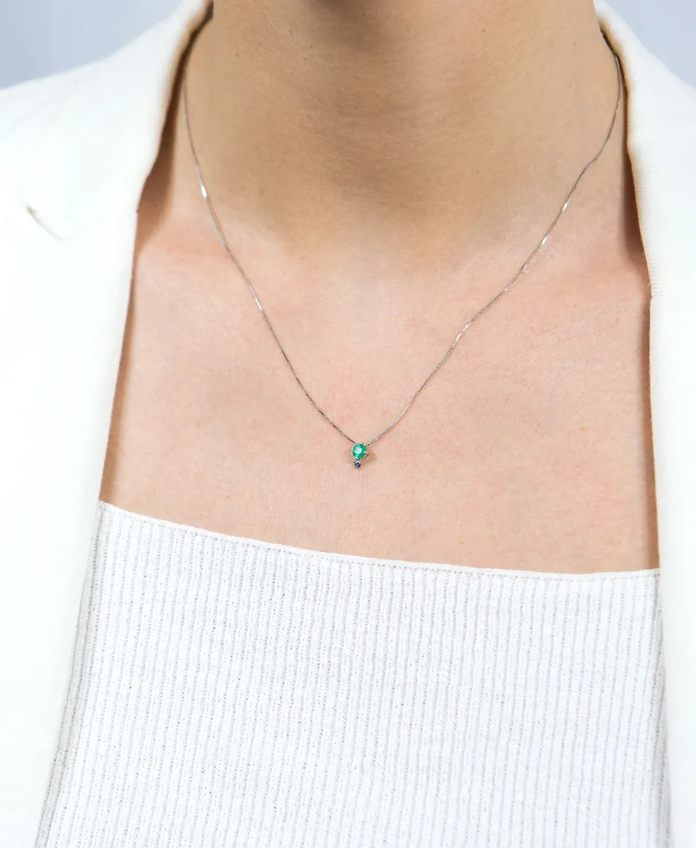 Colar de Ouro branco 18k com pingente de esmeralda e safira azaul-45cm