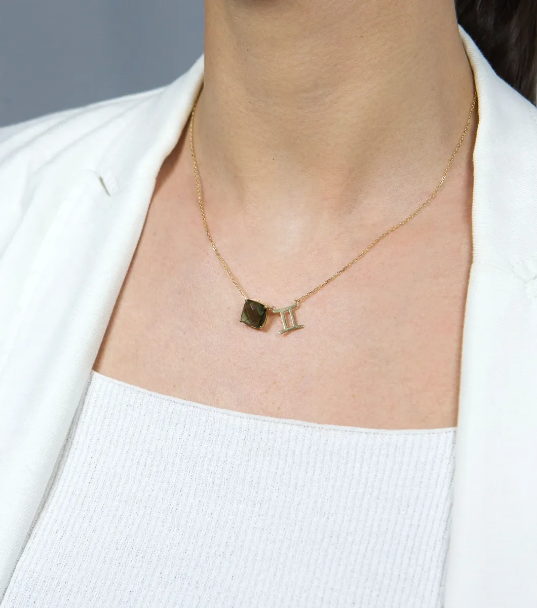 Colar de Ouro 18k escapulário signo de gêmeos e gema de Quartzo verde-70cm