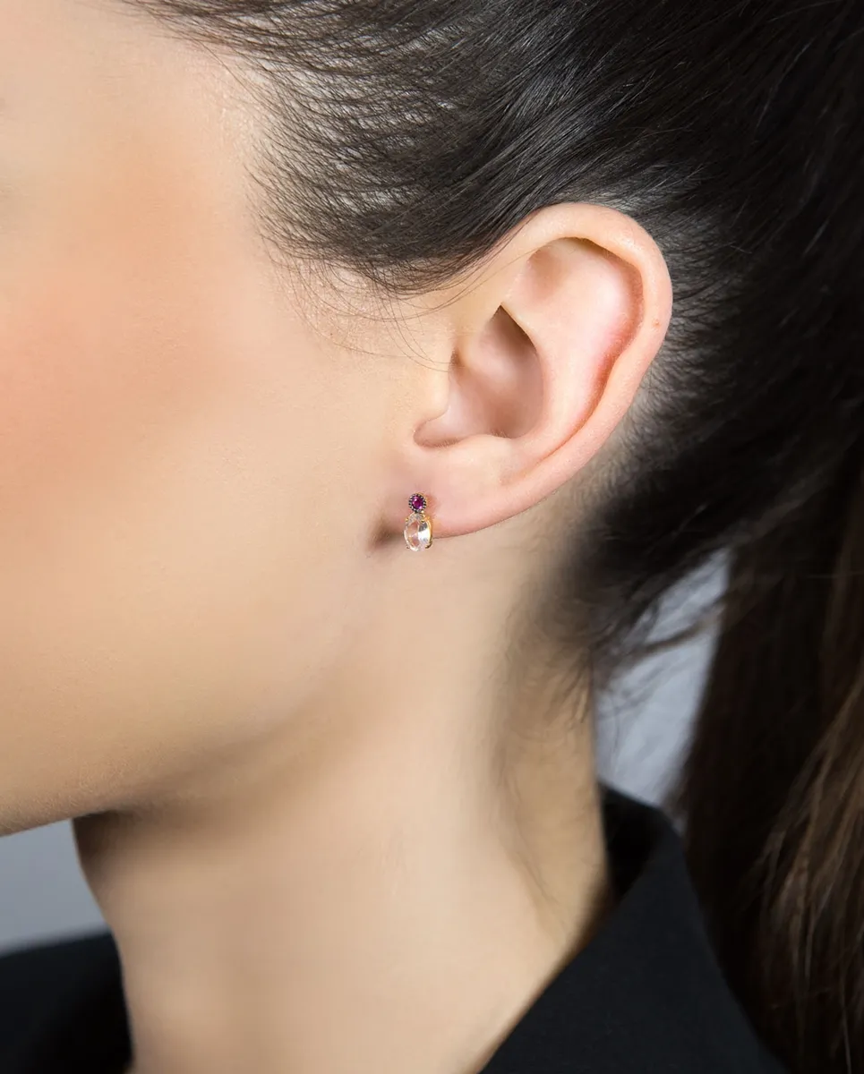 Brinco de Ouro 18k gota oval de quartzo rosa e rubi