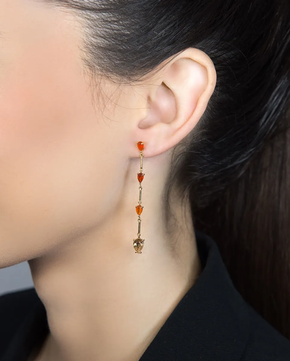 Brinco de Ouro 18k pêndulo de topázio imperial e cornalina