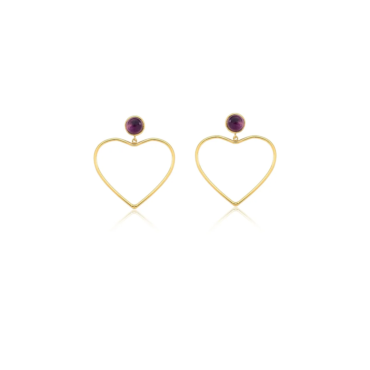 Brinco coração vazado ouro 18k com gema Ametista