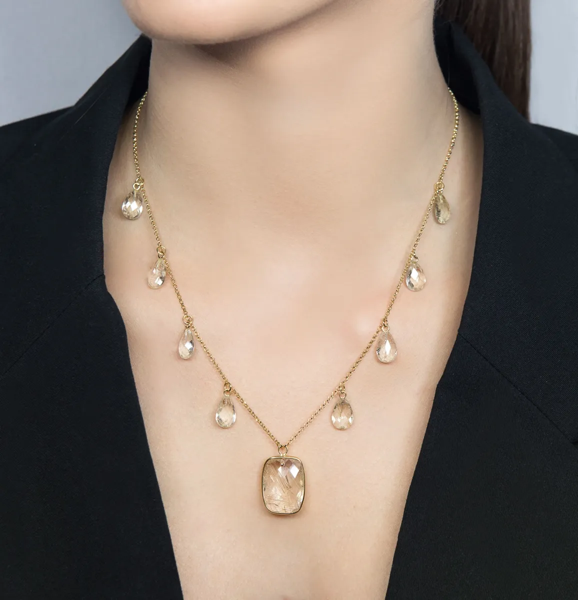 Colar de Ouro 18k com gemas de quartzo rutilado-45cm