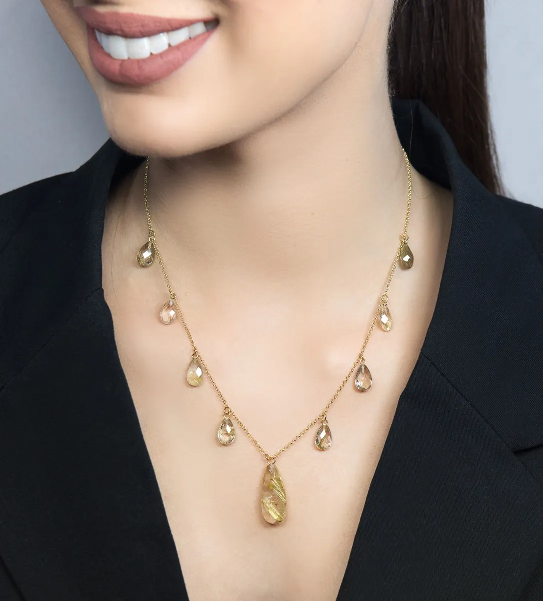 Colar de Ouro 18k com gotas da gema quartzo rutilado-45cm
