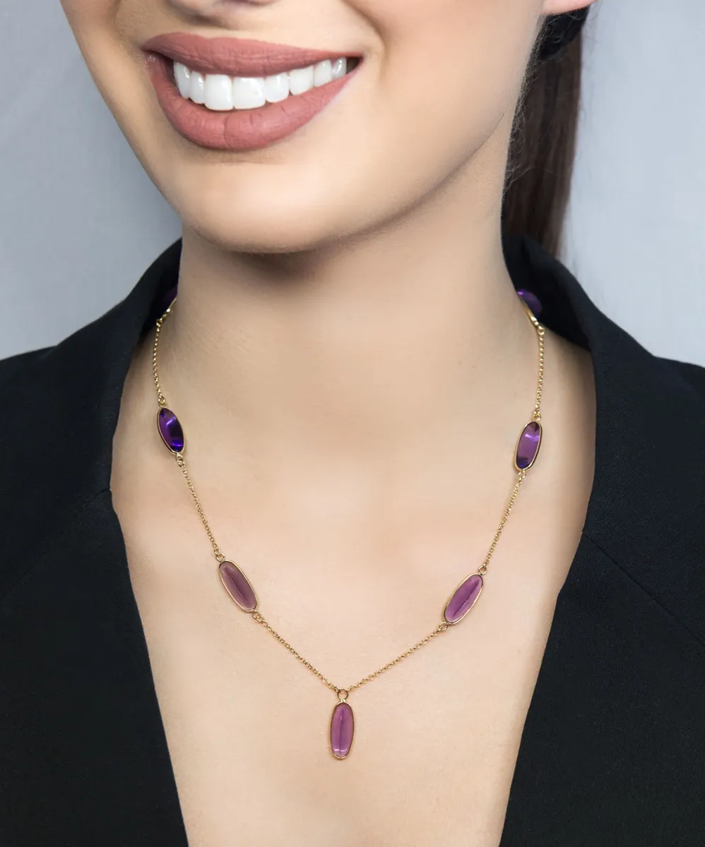 Colar de Ouro 18k com 7 gemas ovais de ametista-45cm