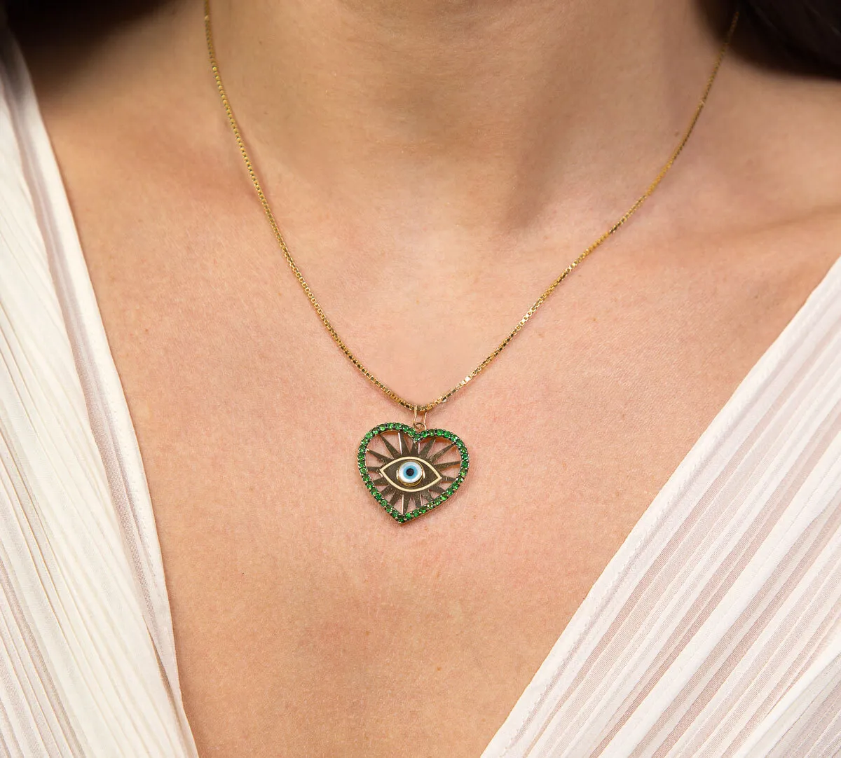 Pingente coração olho grego ouro 18k de madrepérola e Tsavorita