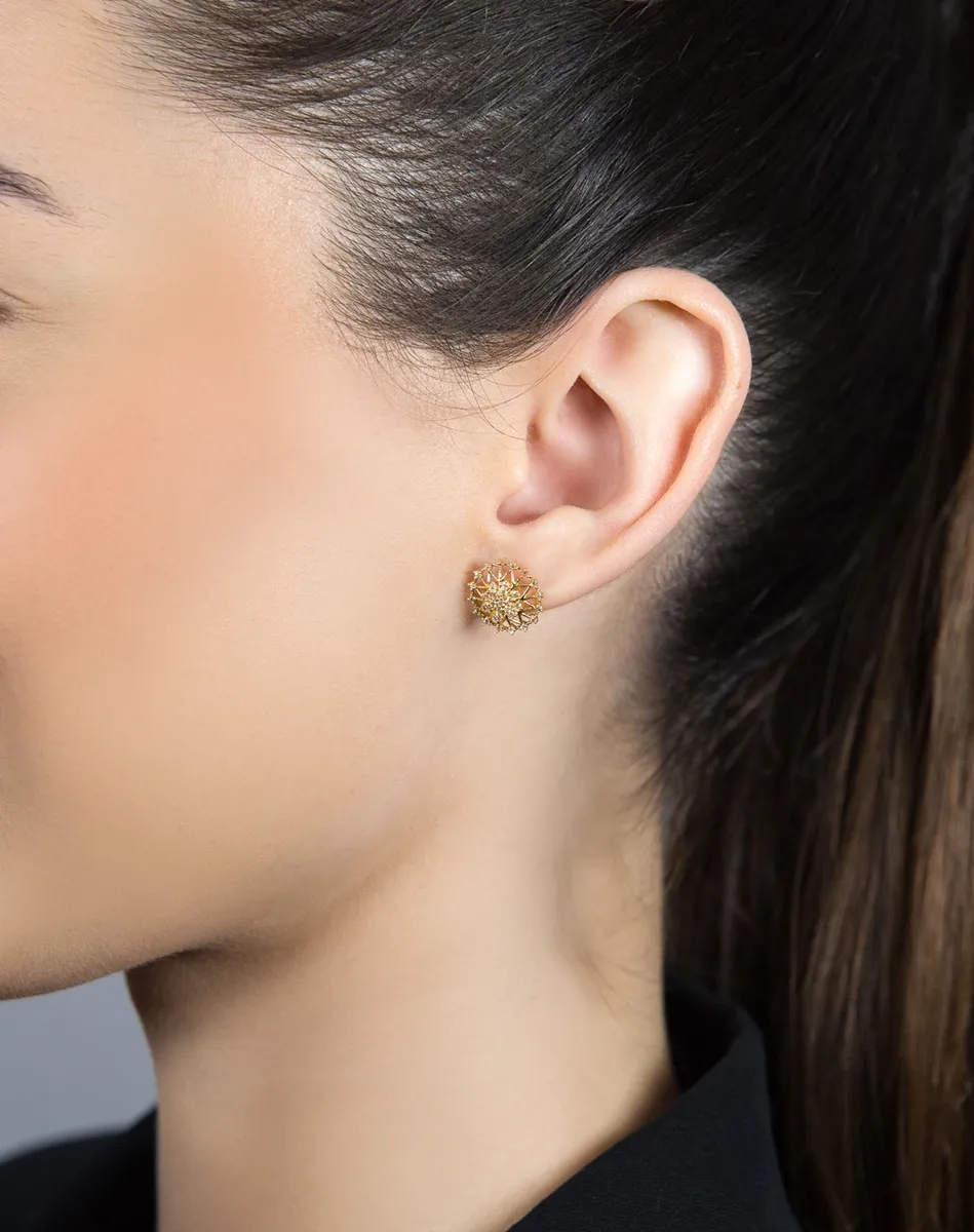 Brinco de Ouro 18k redondo filigrana com 24,6pts de diamantes