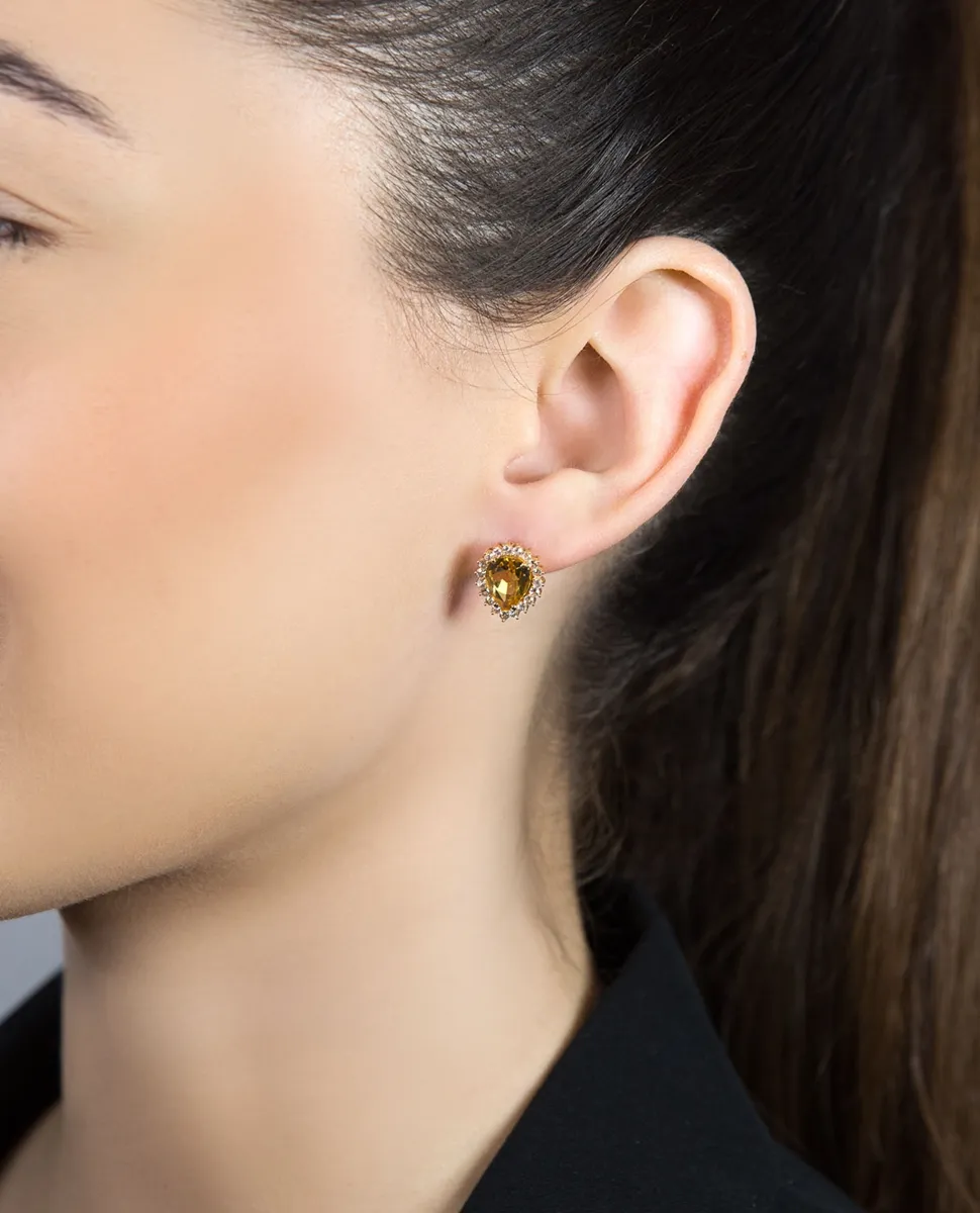 Brinco de Ouro 18k gota de citrino honey com safiras brancas