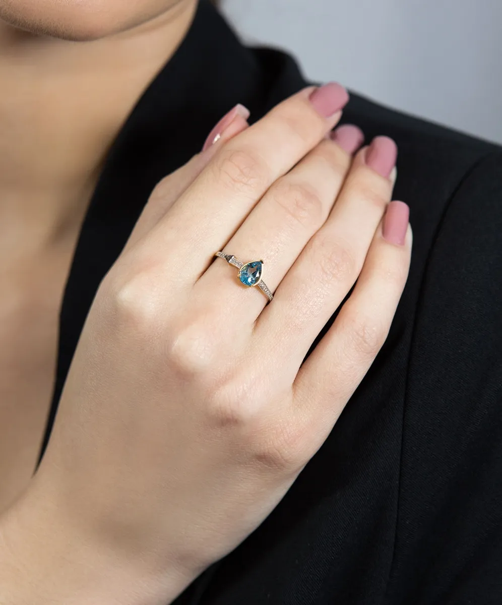 Anel de Ouro 18k gota de topázio swiss com diamantes white e brown