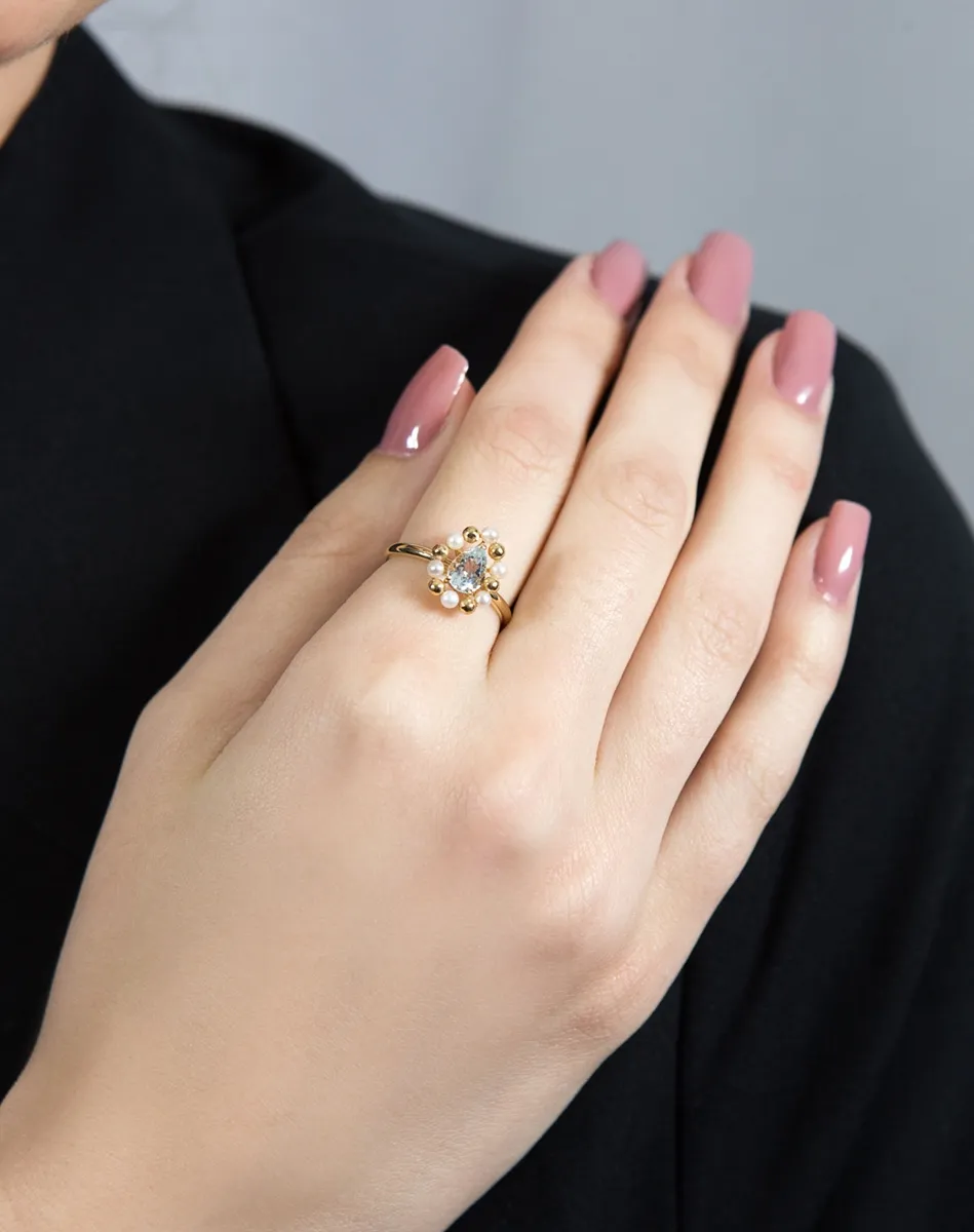 Anel de Ouro 18k flor com gota de água marinha e pérolas