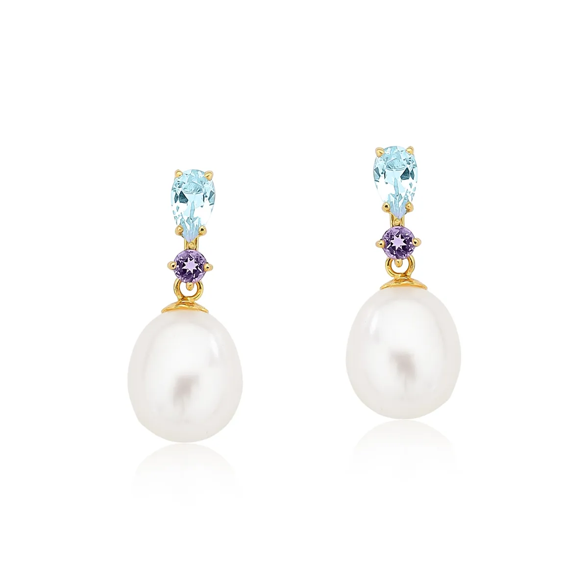 Brinco de Ouro 18k  com topázio, ametista e pérola