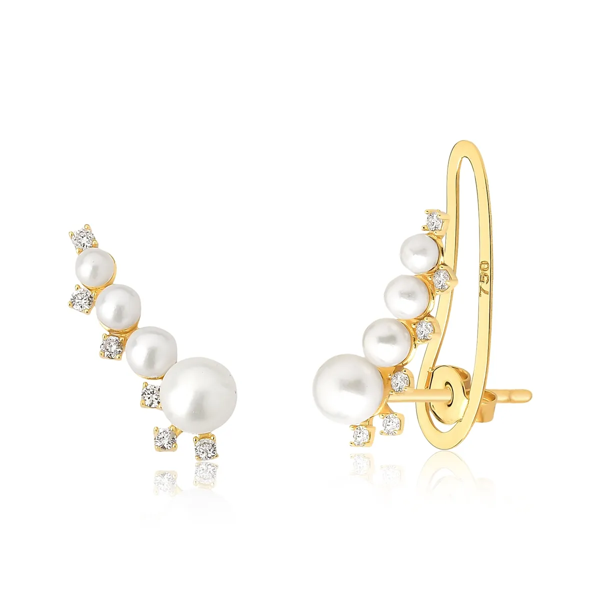 Brinco ouro amarelo 18k ear cuff de Pérolas com Diamantes