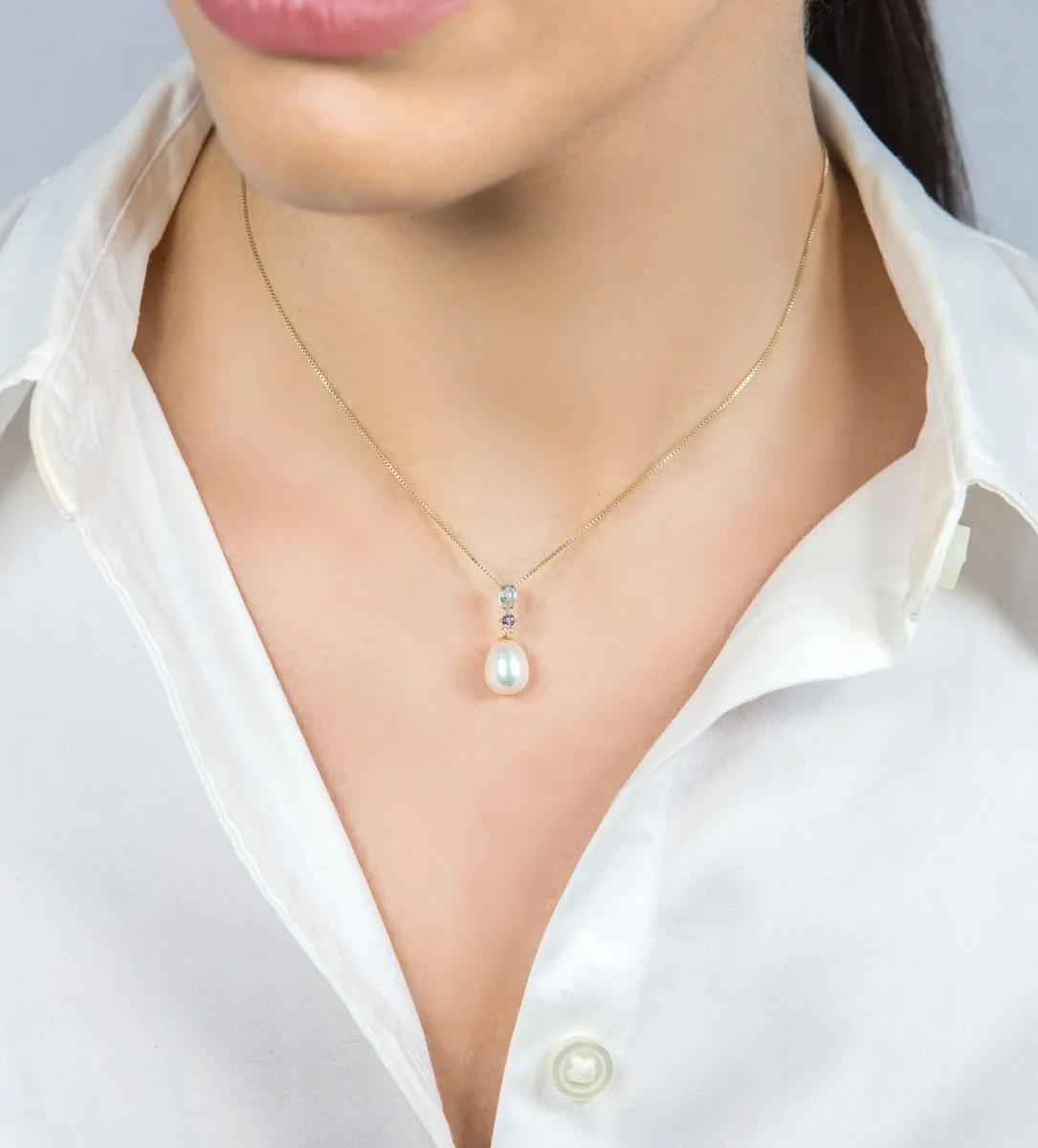 Pingente ouro 18k gota Topázio Sky Ametista e Pérola Biwa
