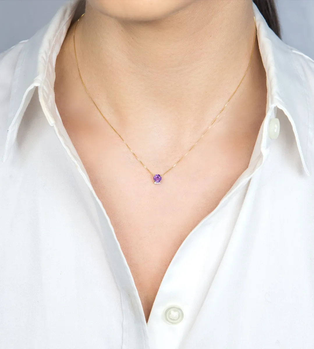 Colar ouro amarelo 18k pingente de Ametista com Safiras brancas 45cm