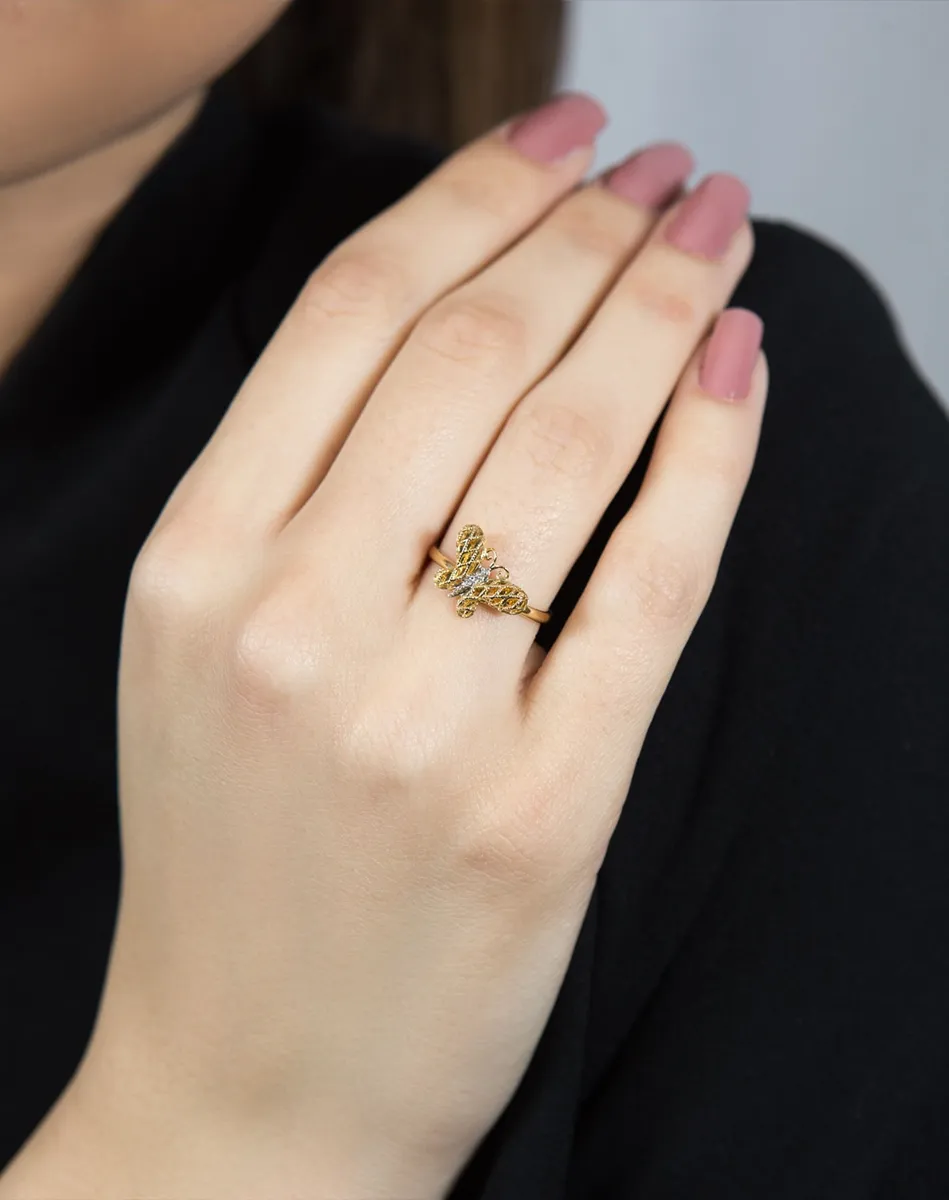 Anel de Ouro 18k aro com borboleta filigrana e 0,9pts de diamantes