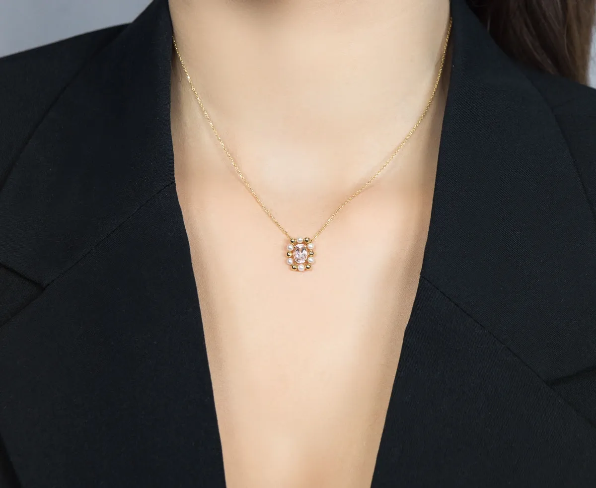 Colar de Ouro 18k com pingente da gema morganita e pérolas-45cm