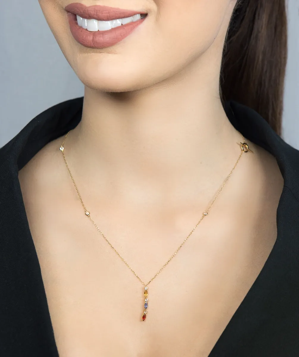 Colar de Ouro 18k regulável com topázios brancos e safiras coloridas-70cm
