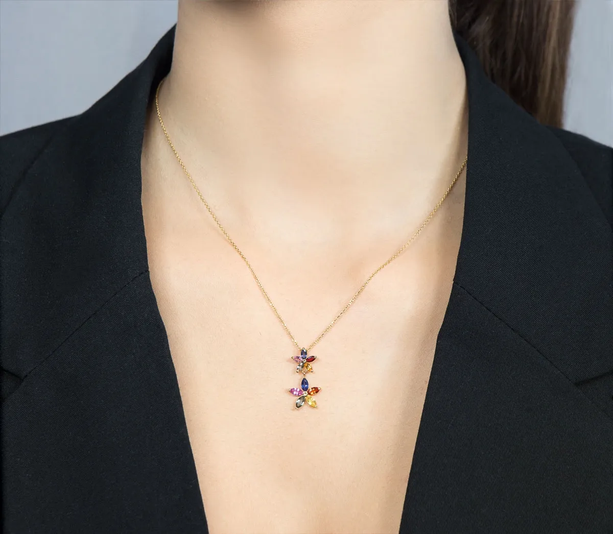 Colar de Ouro 18k com flores de safiras coloridas-45cm