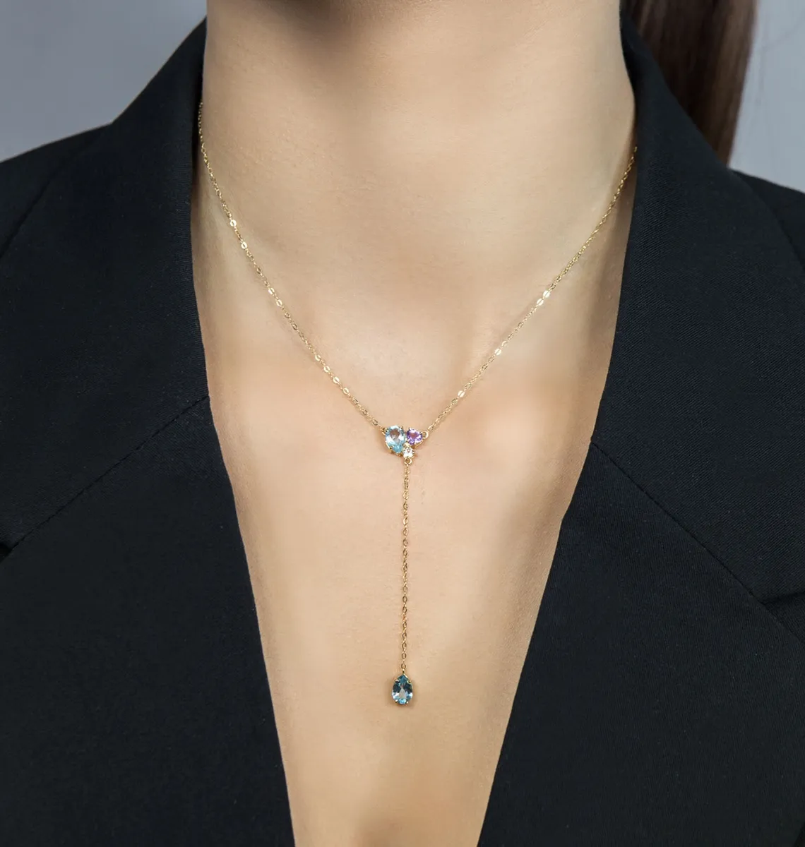 Colar de Ouro 18k gravatinha com gemas brasileiras-45cm