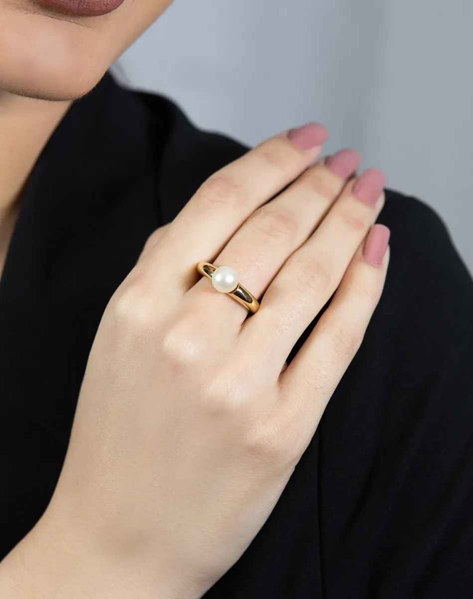 Anel de Ouro 18k aro polido com pérola