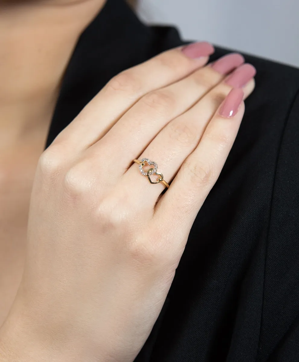 Anel de Ouro 18k corações entrelaçados com 8pts de diamantes