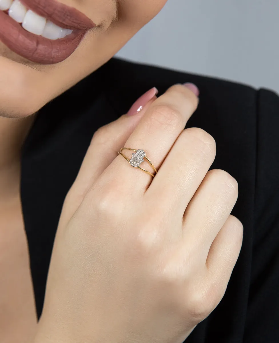 Anel de Ouro 18k aro com Mão Hamsá e 4,5pts diamantes